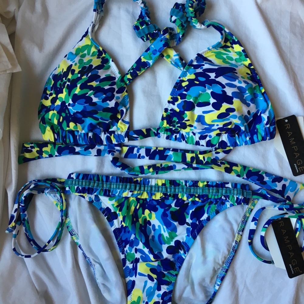 Rampage medium bikini NWT abstract floral blue yellow green